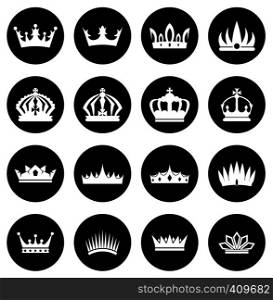 Crowns icons set, collection of white silhouettes on black background. Crowns white icons set