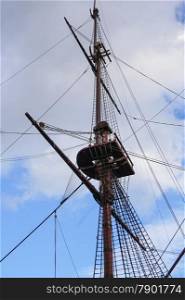 Crows nest on the mast of a historic frigate