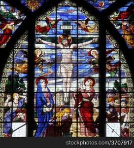 Crucifixion, Jesus on the cross, stained glass window from Saint-Jean de Montmartre church, Paris