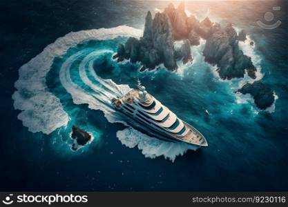 Cruise liner at sea top view. Neural network AI generated art. Cruise liner at sea top view. Neural network AI generated