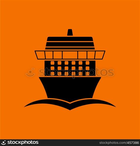 Cruise liner icon front view. Black on Orange background. Vector illustration.