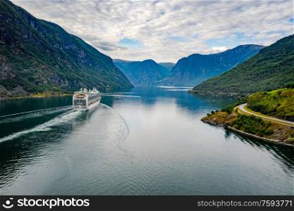 Cruise Ship, Cruise Liners On Hardanger fjorden, Flam Norway. Beautiful Nature Norway natural landscape.