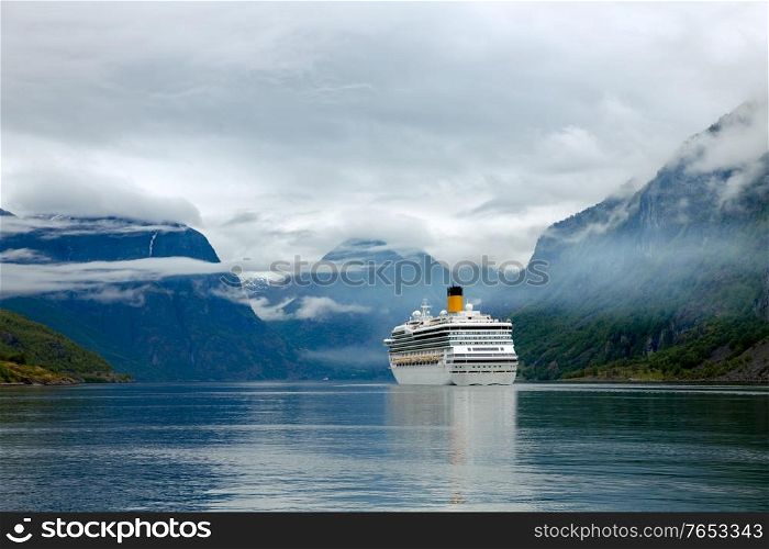 Cruise Ship, Cruise Liners On Sognefjord or Sognefjorden, Flam Norway