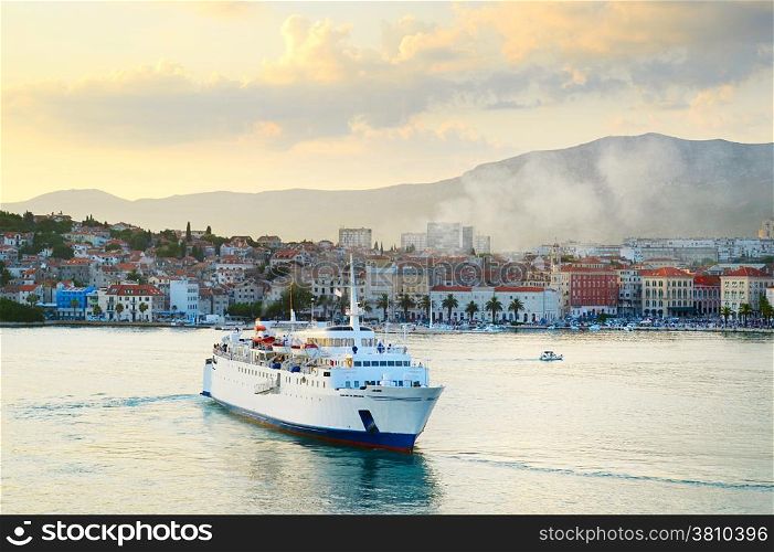 Cruise ship in a Split harbor at dusk. Croatia