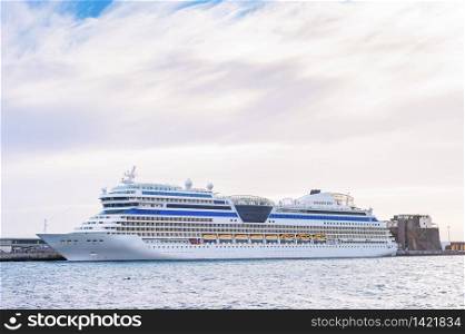 Cruise ship, side view, Madeira island, Funchal port, Portugal