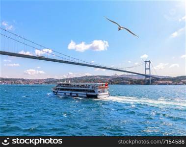 Cruise ship under the Bosphorus bridge, Istanbul, Turkey.