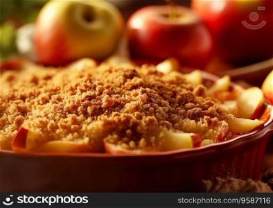 Crumble cake pie with fresh apples on table.AI generative
