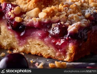 Crumble cake pie with plums and jam.AI generative