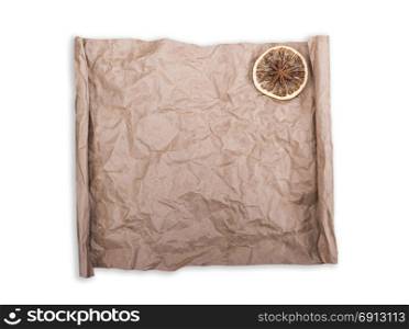 crumpled blank scroll brown kraft paper isolated on white background, empty space in the middle