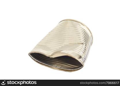 Crumpled metal tin can isolated on white background