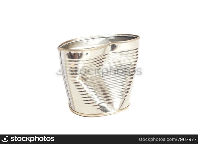 Crumpled metal tin can isolated on white background