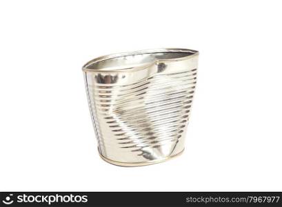 Crumpled metal tin can isolated on white background