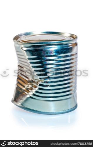 crumpled metal tin can on white background