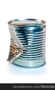 crumpled metal tin can on white background