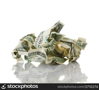 Crumpled money. Isolated over white.