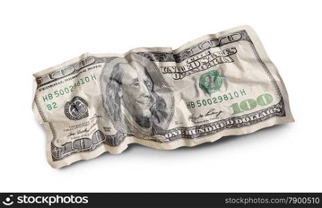 crumpled one hundred dollar bills isolated on white background