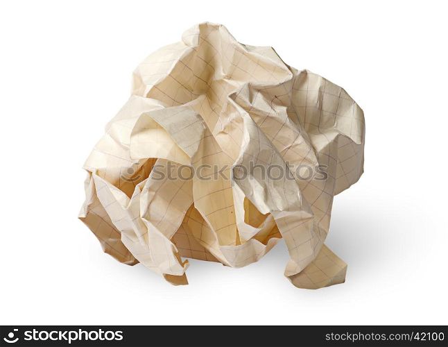 Crumpled page from a school notebook isolated on white background