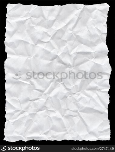 Crumpled torn white paper texture isolated on black.