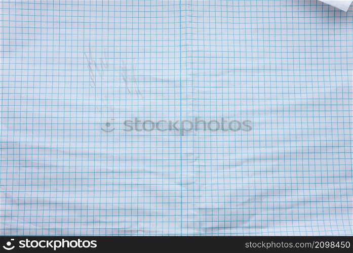 crumpled white paper texture in a cage, blue lines, school notebook