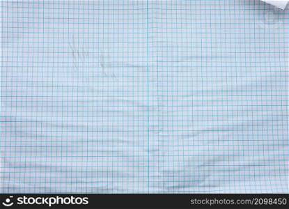 crumpled white paper texture in a cage, blue lines, school notebook
