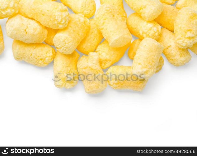Crunchy corn snacks on white background. With clipping path