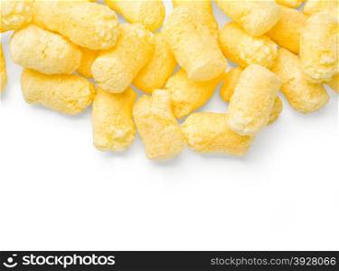 Crunchy corn snacks on white background. With clipping path