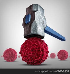 Crush cancer concept as a heavy sledgehammer or hammer crushing and smashing,a cancerous cell as a health care medical symbol for a research or pharmaceutical cure to fight the dangerous disease with life saving treatments.