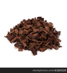 Crushed chocolate shavings pile isolated on white background