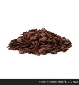Crushed chocolate shavings pile isolated on white background
