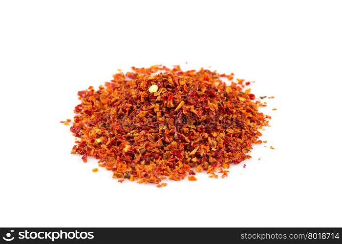 Crushed red chili pepper on white background