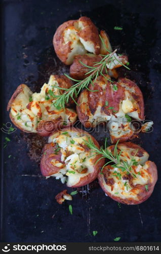 Crushed red potatoes with rosemary sprigs from overhead