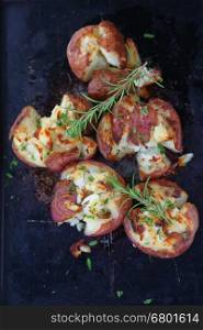 Crushed red potatoes with rosemary sprigs from overhead
