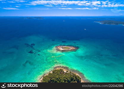 Crvena Luka turquoise beach and archipelago of Adriatic sea aerial view, Dalmatia region of Croatia