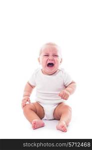 Crying baby face isolated on white background