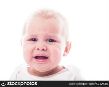 Crying baby face isolated on white background