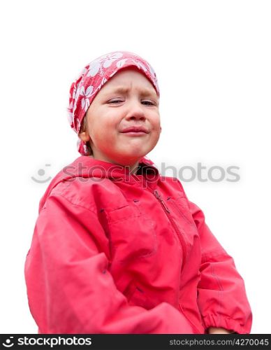 Crying small girl in red clothes isolated on white