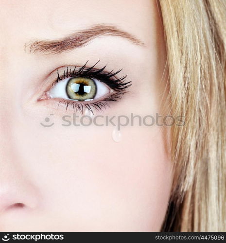 Crying woman, beautiful face with tear drops, facial expression, pain and grief concept