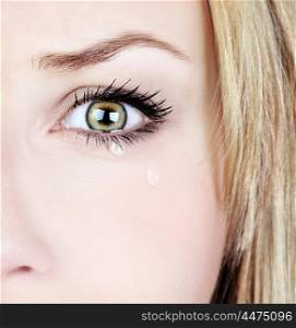 Crying woman, beautiful face with tear drops, facial expression, pain and grief concept