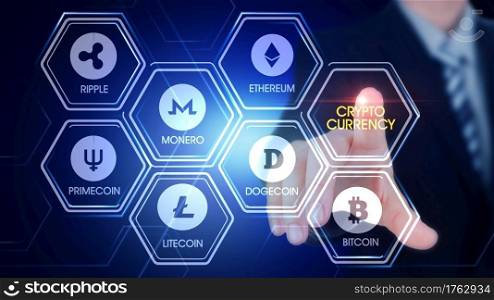 Crypto Currency Hexagonal Touch Screen Concept Hexagonal virtual Touch Screen Concept with  man touching screen with finger and light streak