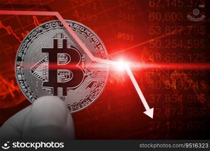 Crypto prices collapse down turn. bitcoin cryptocurrency value drop bear market concept.