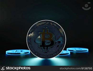 Cryptocurrency bitcoin coin on black background. Symbol of crypto currency - electronic virtual money for web banking and international network payment. Business, finance, technology. 3D rendering. Cryptocurrency bitcoin coin on black background. Symbol of crypto currency - electronic virtual money for web banking and international network payment. Business, finance, technology. 3D rendering.