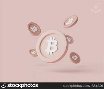 Cryptocurrency Bitcoins levitate on pastel background. 3d render illustration with soft lights. Isolated objects. Cryptocurrency Bitcoins levitate on pastel background. 3d render illustration with soft lights.