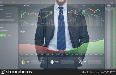cryptocurrency, business and technology concept - close up of businessman working diagram chart on virtual screen. businessman with cryptocurrency on virtual screen
