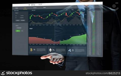 cryptocurrency, business and technology concept - close up of businessman working diagram chart on virtual screen. businessman with cryptocurrency on virtual screen