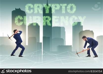 Cryptocurrency concept with businessman mining money