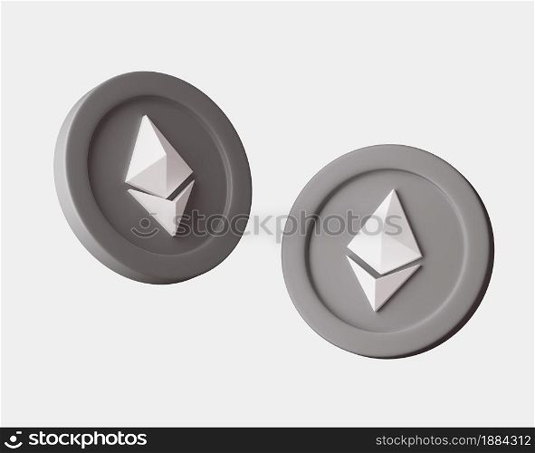 Cryptocurrency Ethereum coins from different viewes on white background. 3d render illustration with soft lights. Isolated objects. Cryptocurrency Ethereum coins from different viewes on white background. 3d render illustration with soft lights.