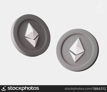 Cryptocurrency Ethereum coins from different viewes on white background. 3d render illustration with soft lights. Isolated objects. Cryptocurrency Ethereum coins from different viewes on white background. 3d render illustration with soft lights.