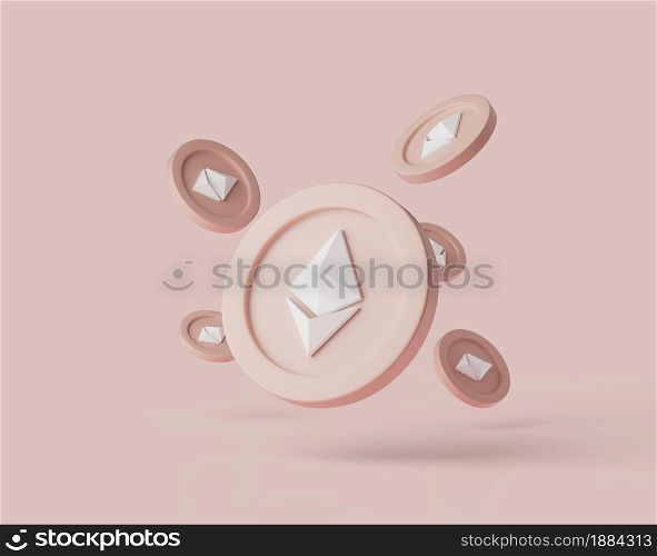 Cryptocurrency Ethereum coins levitate on pastel background. 3d render illustration with soft lights. Isolated objects. Cryptocurrency Ethereum coins levitate on pastel background. 3d render illustration with soft lights.