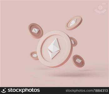 Cryptocurrency Ethereum coins levitate on pastel background. 3d render illustration with soft lights. Isolated objects. Cryptocurrency Ethereum coins levitate on pastel background. 3d render illustration with soft lights.