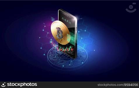 cryptocurrency exchange concept. Blockchain, Bitcoin mining Illustration. Trade exchange app on phone screen.